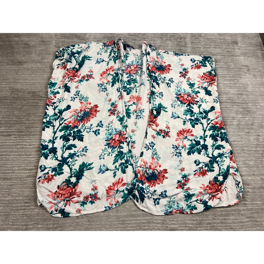 Angie Kimono Wrap Womens Medium White‎ Floral Boho Open Front Rayon Short Sleeve